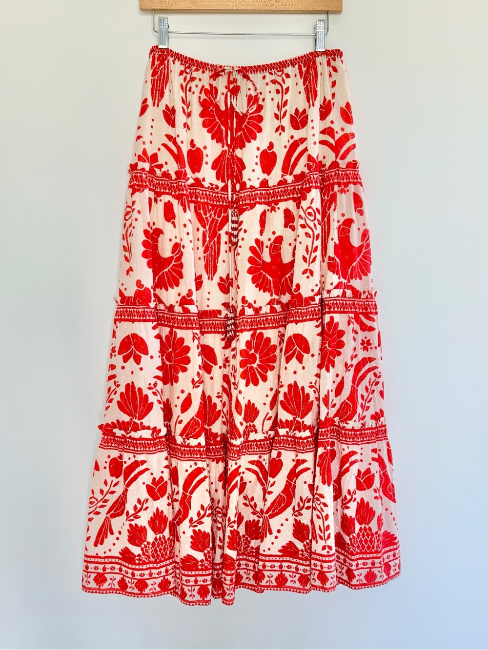 Farm Rio Red & Cream Floral Tiered Maxi Skirt XS Beaded Tassels